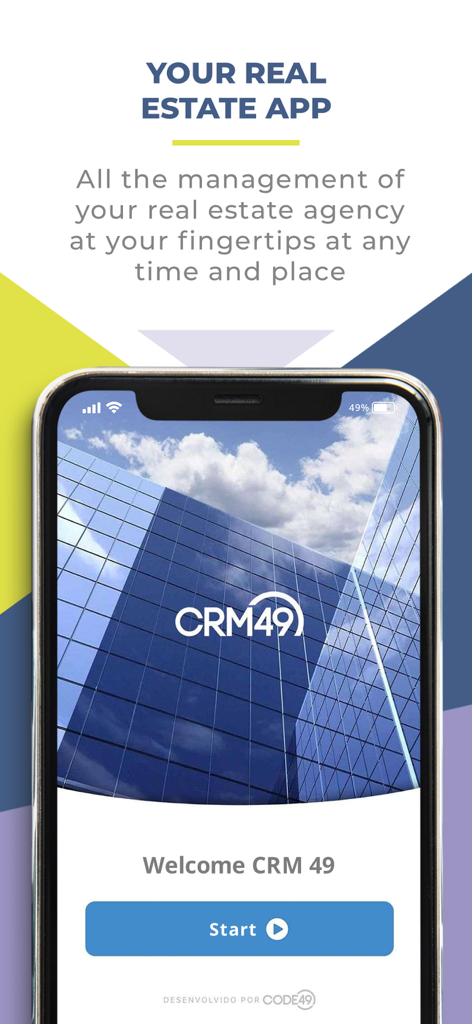 CRM 49 - CRM 49 mobile app welcome screen for real estate agency management showing a modern building background