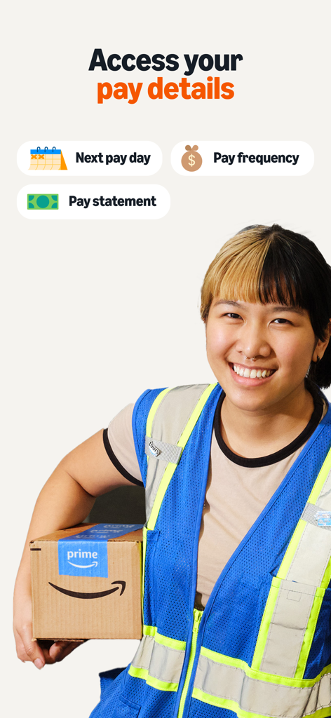 Amazon A to Z - Amazon worker holding a package next to app features for tracking pay details