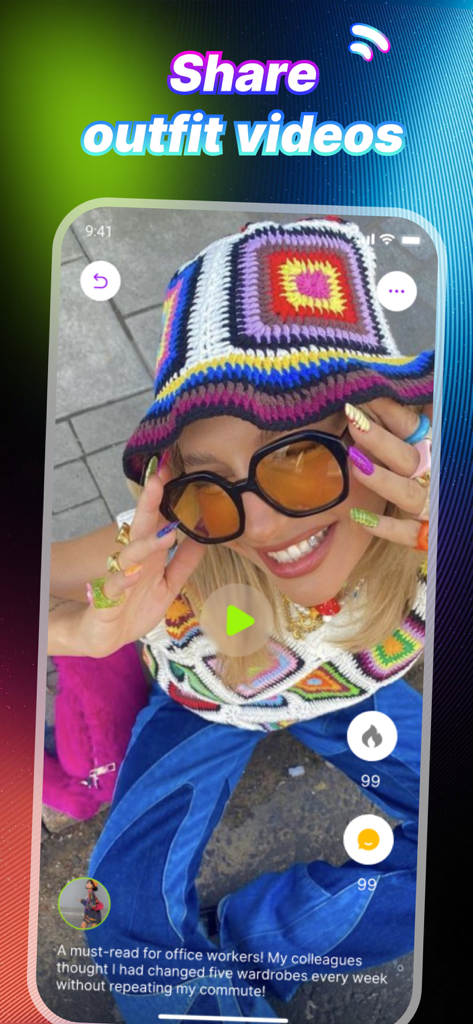 iCove: Style Creativity, Video - iCove app interface showing a short fashion video of a woman in a colorful outfit with social engagement icons.