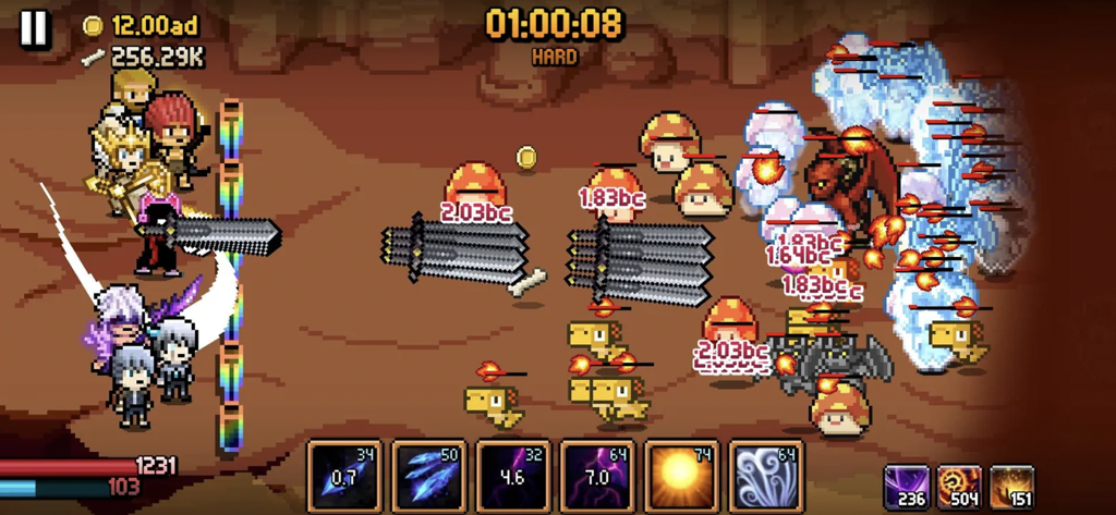 Pixel art battle scene in Days Bygone showing heroes defending against waves of monsters