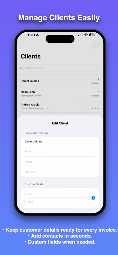 Docs Maker: Invoice Maker - Docs Maker app interface for managing and editing customer contact information