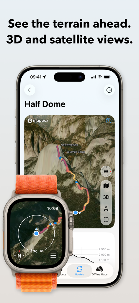 Interface do aplicativo WristTopo no iPhone e Apple Watch mostrando terreno de satélite 3D e planejamento de rotas para Half Dome