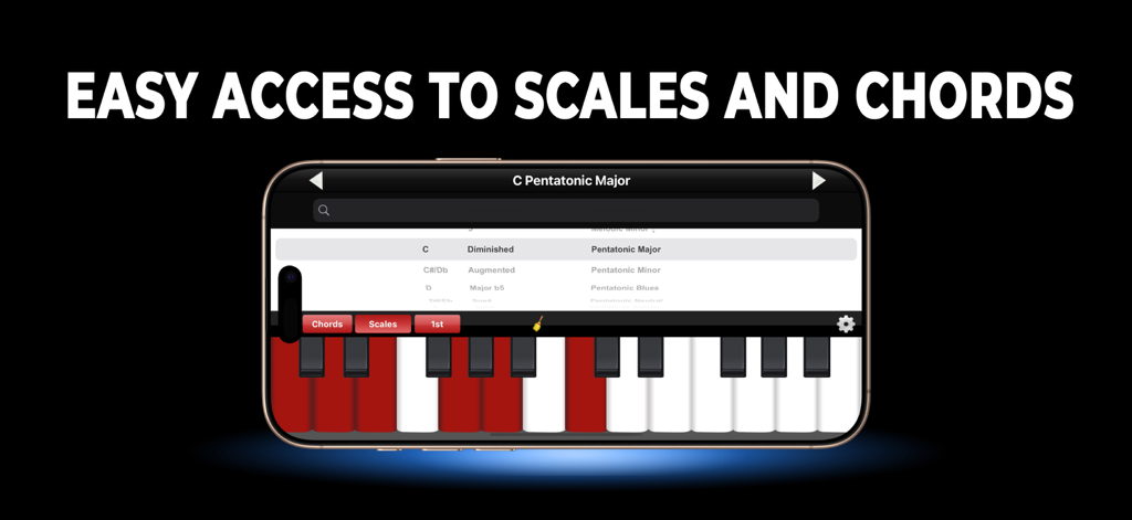 Piano Chords & Scales Lite - Pantalla de smartphone mostrando la aplicación Piano Chords and Scales Lite con un teclado virtual resaltando una escala