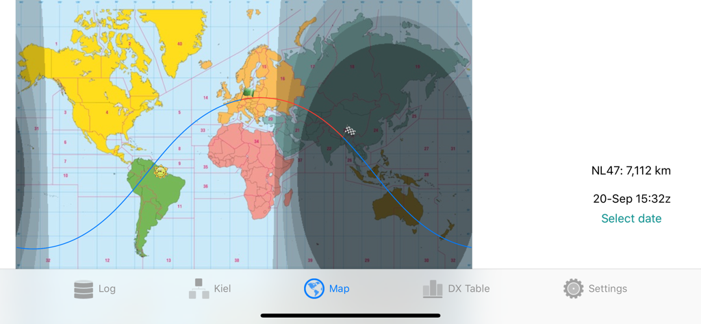 World map showing real-time grayline and radio path distance in the RUMlogNG2Go app