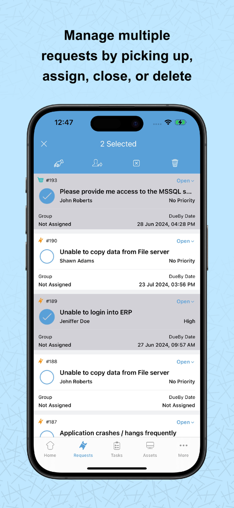 Mobile interface of ServiceDesk Plus showing a list of IT service requests with multiple tickets selected for management