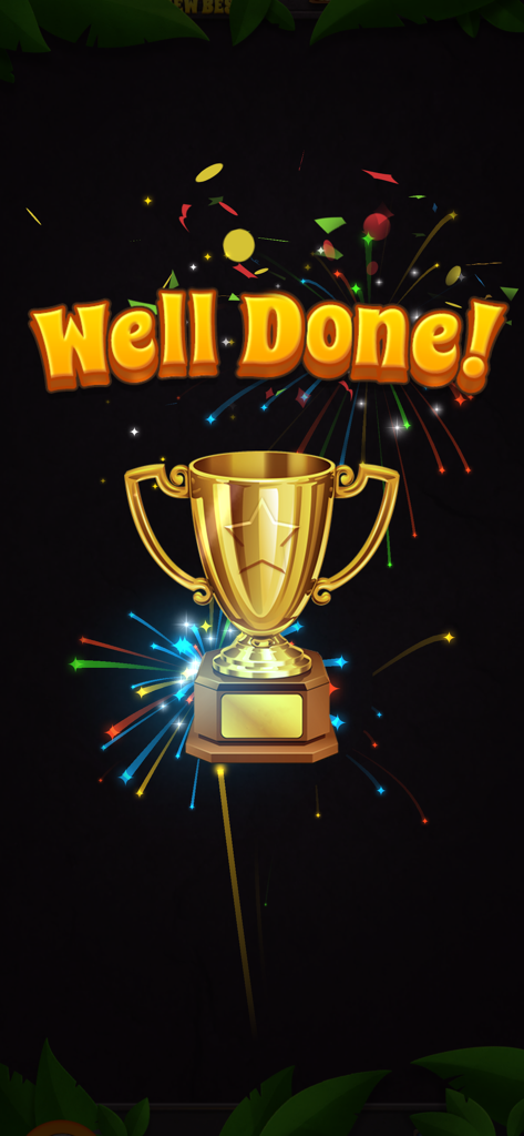 A golden trophy with a star on it under the words Well Done with colorful fireworks in the background