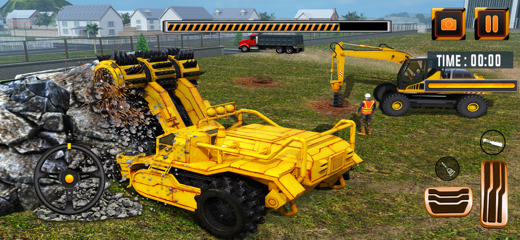 Stadium Construction Simulator - Macchinari pesanti gialli che macinano rocce nel gameplay di Stadium Construction Simulator