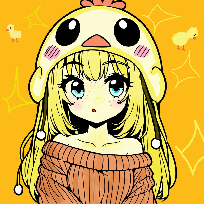 anime girl with chick shaped hat with sweater with bare shoulders with bangs covering them one eye with low tail