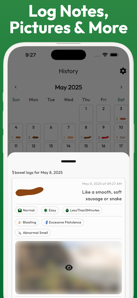 Bowel movement history calendar and detailed log entry showing stool type and symptoms