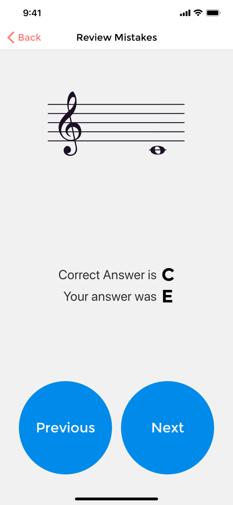 Music Tutor Plus - Review Mistakes screen in Music Tutor Plus showing a treble clef note with correct and incorrect answer feedback