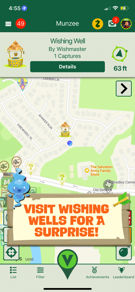 Munzee - Munzee app screen showing a map with a Wishing Well location and a message to visit wishing wells for a surprise.