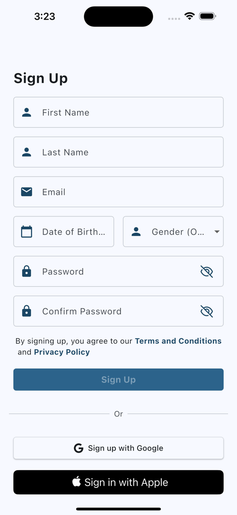 DriveSphere - DriveSphere app sign up screen featuring a registration form and social login buttons for Google and Apple