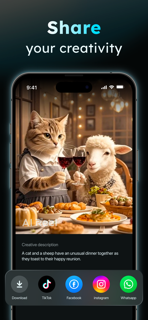 AIReel：AI Video Generator - AIReel app interface showing sharing options for an AI-generated video of a cat and sheep at dinner.