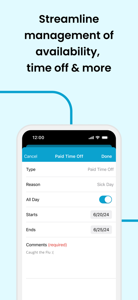 HotSchedules app screen showing a paid time off request for a sick day