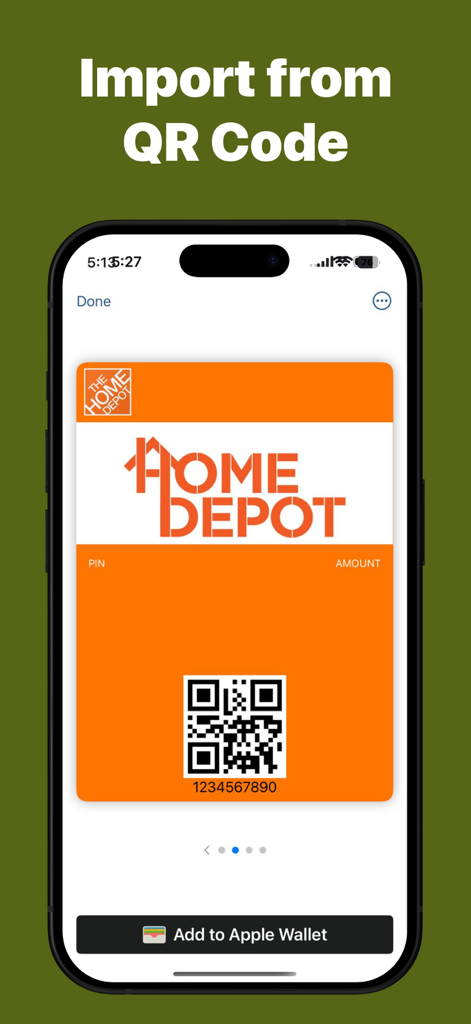 Wallet Creator: Digital Passes - Captura de pantalla de la aplicación Wallet Creator mostrando un pase digital de Home Depot siendo importado a través de código QR para Apple Wallet