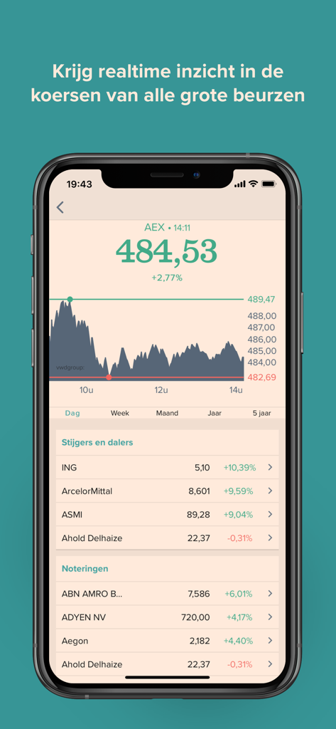 FD app interface showing real-time AEX index performance and stock market prices