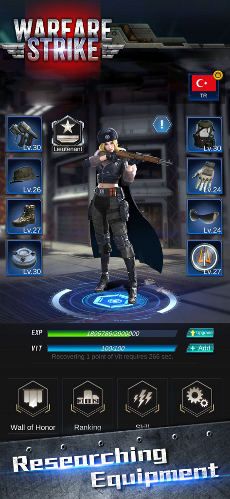 Pantalla de personalización de equipo de Warfare Strike Global War mostrando un teniente con equipo militar de alto nivel