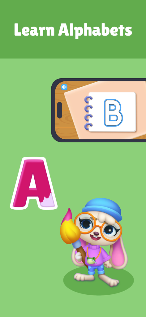 Un simpatico personaggio cartone animato con un pennello che insegna le lettere nell'app educativa ABC Mouse