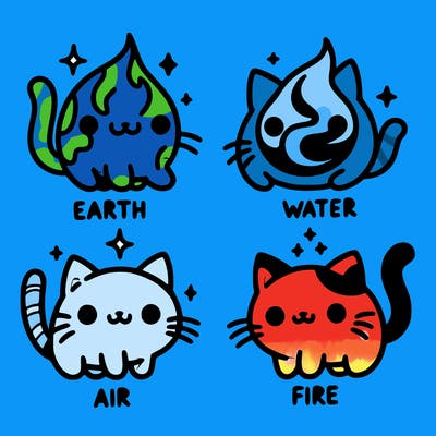 4 cats that represent the different elements, earth, water, air, and fire