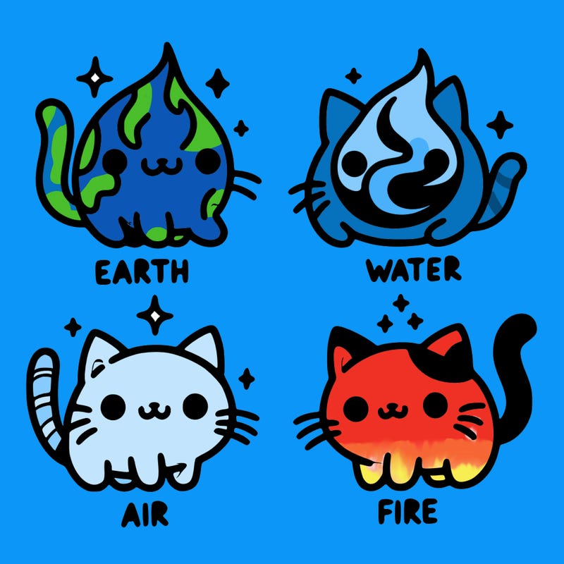 4 cats that represent the different elements, earth, water, air, and fire