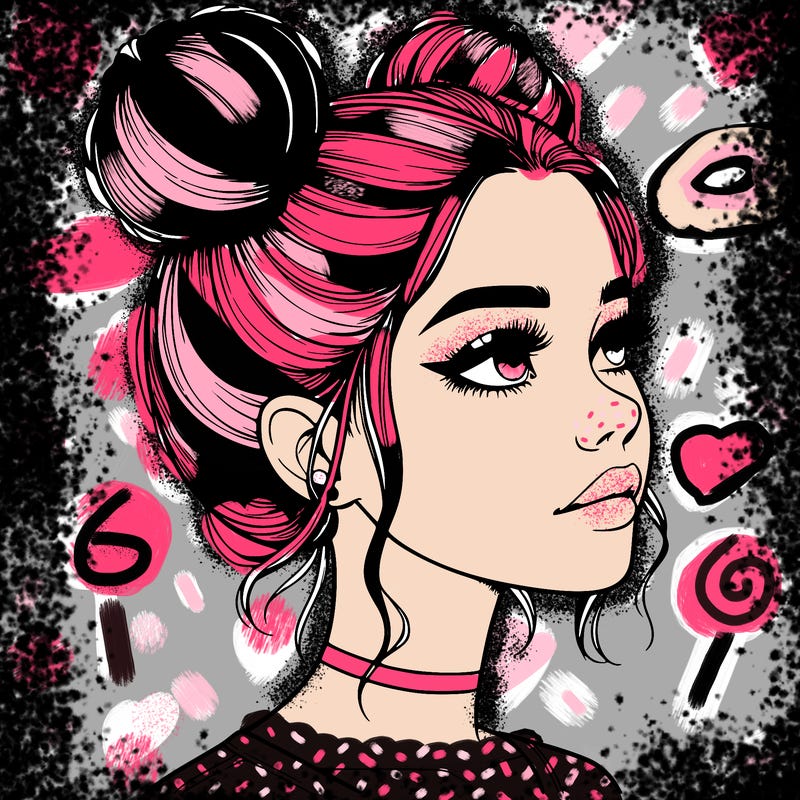 realistic girl with buns on the top of her head