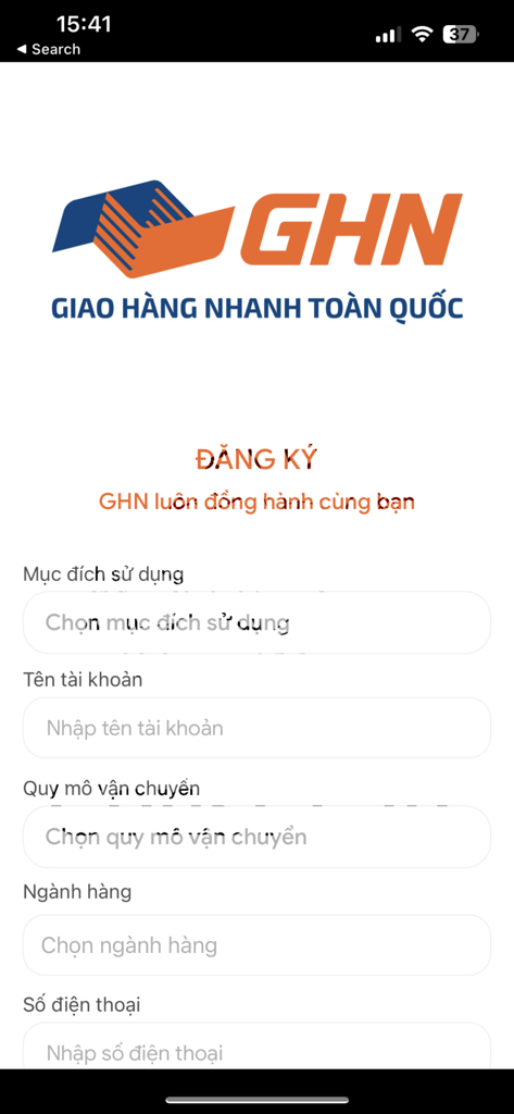 GHN - Nhanh KH - GHN fast delivery app registration screen with fields for account setup and business information