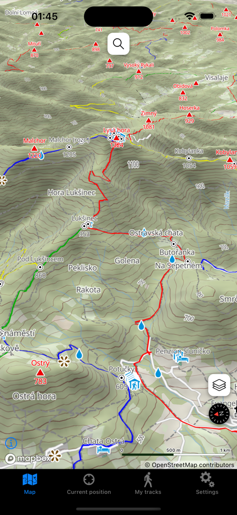 3D topographical map showing hiking trails and elevation in the Czech Republic