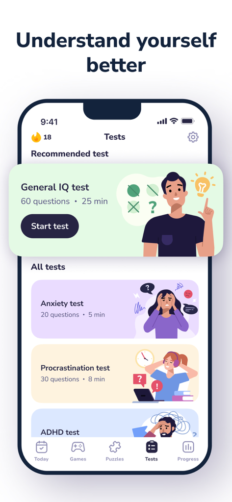 Interface do aplicativo BrainSpot mostrando uma seleção de testes mentais, incluindo QI, ansiedade, procrastinação e TDAH.
