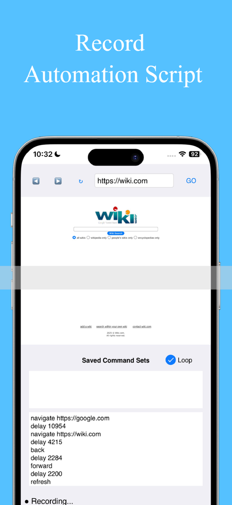 iPhoneインターフェースに、ナビゲーションコマンド（ナビゲート、遅延、リフレッシュなど）を含むWebスクリプトを記録しているブラウザ自動化アプリが表示されています。