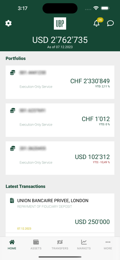 UBP Mobile - UBP Mobile app dashboard displaying total assets and multiple portfolio account balances in USD and CHF