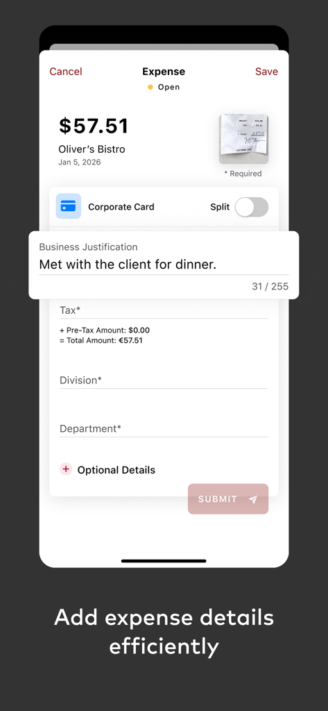 Smart Data - Interface of the Smart Data app showing how to add corporate expense details and a receipt photo