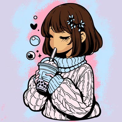 manga girl drinking boba in cozy sweater