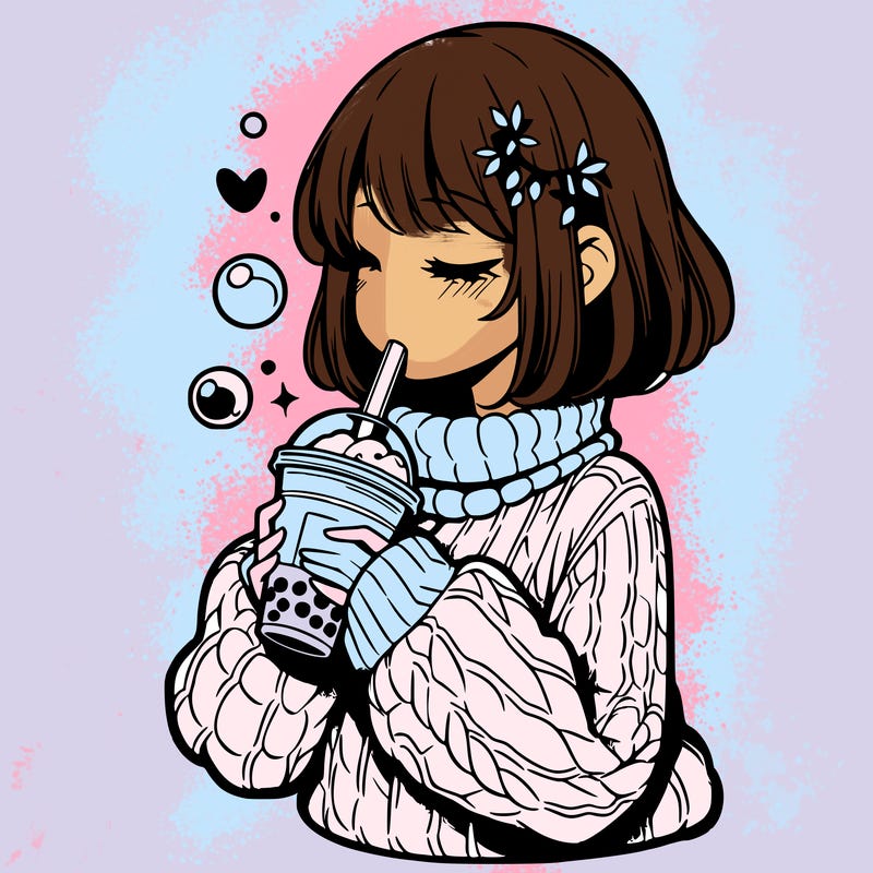 manga girl drinking boba in cozy sweater