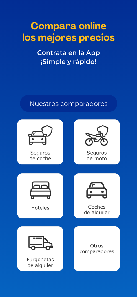 CHECK24 España - CHECK24 España mobile app home screen with icons for car insurance hotels and car rentals comparison