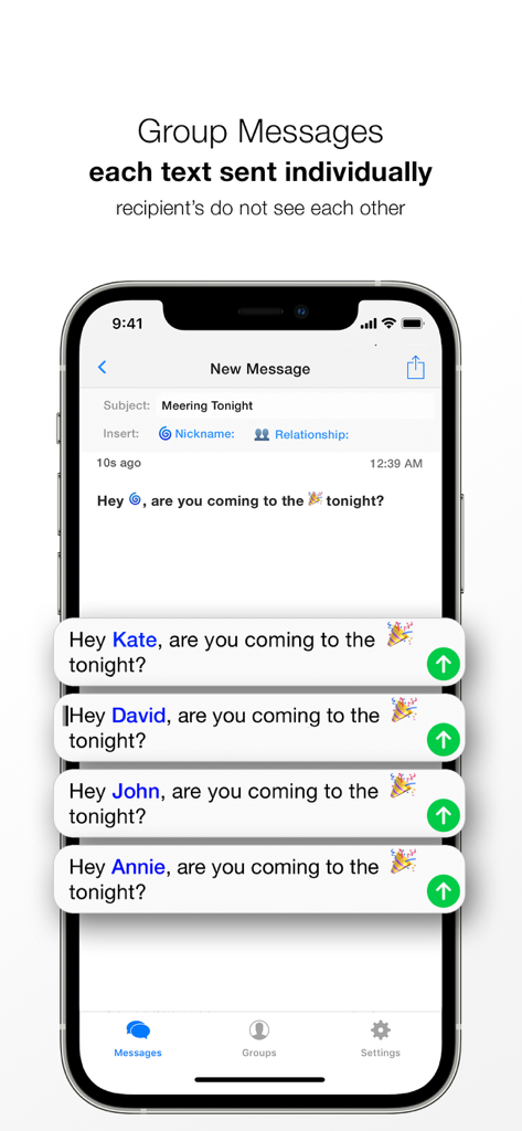 Reach app screenshot showing group messages being sent as personalized individual texts on an iPhone.