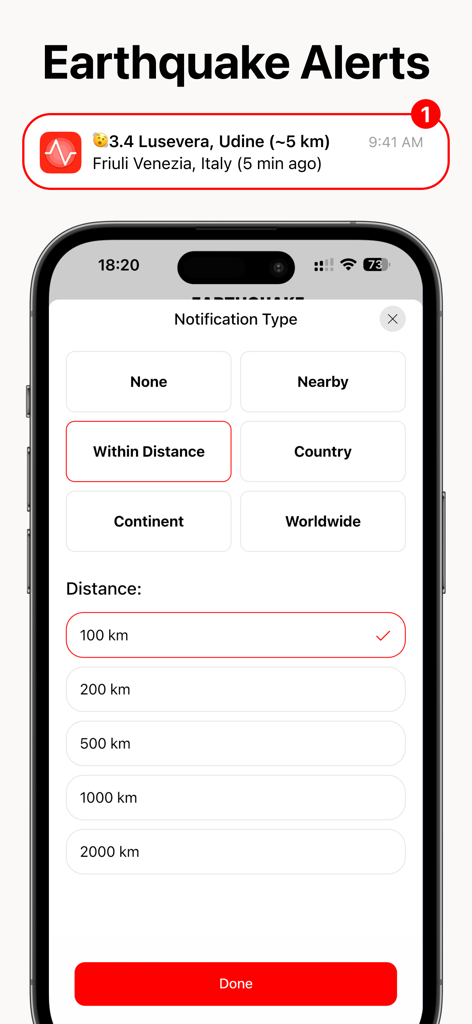 Earthquake Alerts Map: SeisMap - SeisMap app interface showing customizable earthquake notification types and distance filters