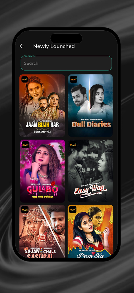 Moovi Play - A mobile screen showing newly launched web series on the Moovi Play app.