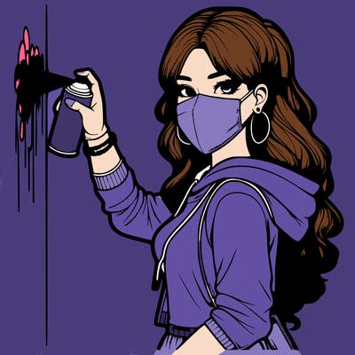 realistic girl with mask spray painting a wall