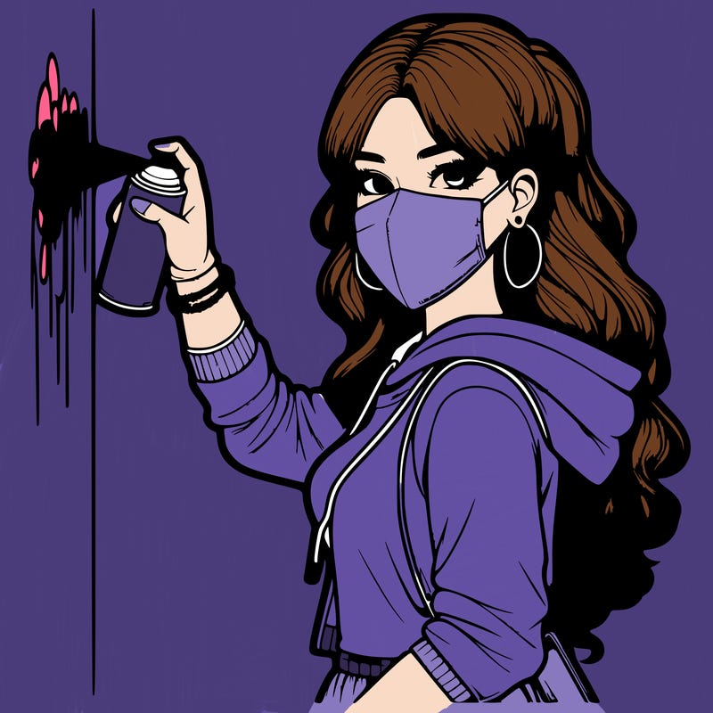 realistic girl with mask spray painting a wall