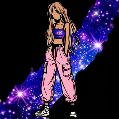 girl in baggy pants crop top and long hair