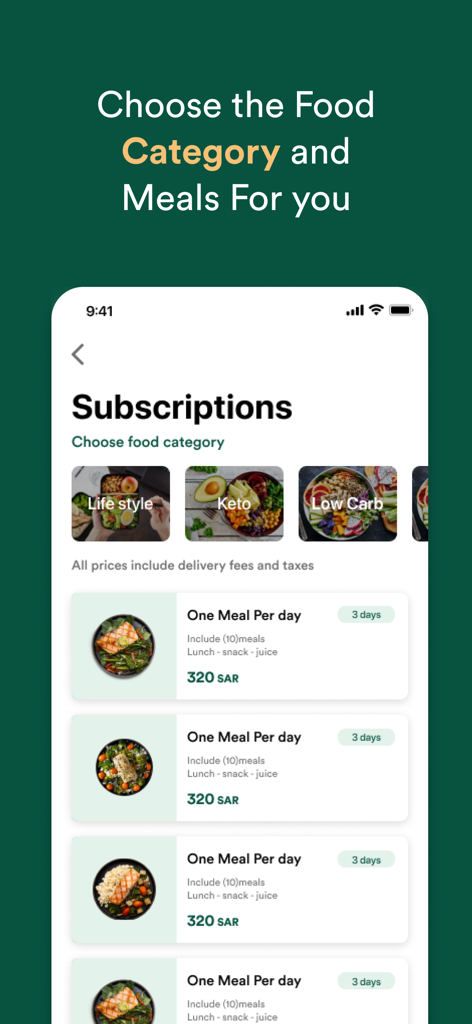 Perfect Bite - Perfect Bite app interface for choosing healthy meal subscription categories like Keto and Low Carb.