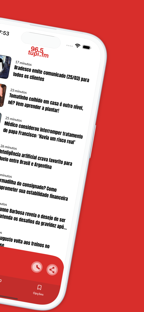 Captura de tela do feed de notícias do aplicativo Super Radio Tupi com várias manchetes em português