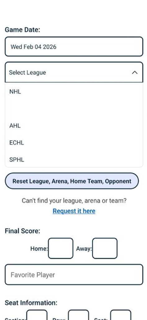 My Hockey Passport - Interface for logging hockey game details including league selection and final scores.