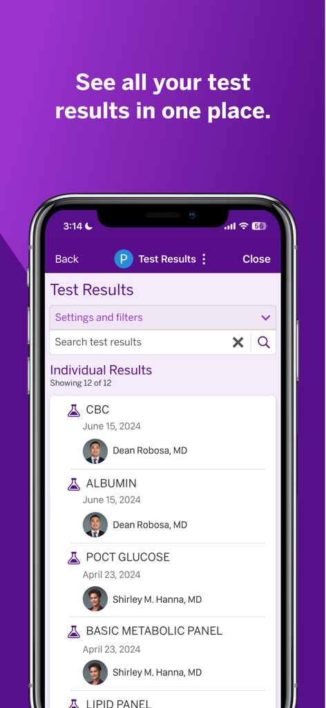 NYU Langone Health app interface displaying a list of medical test results including CBC and Albumin.