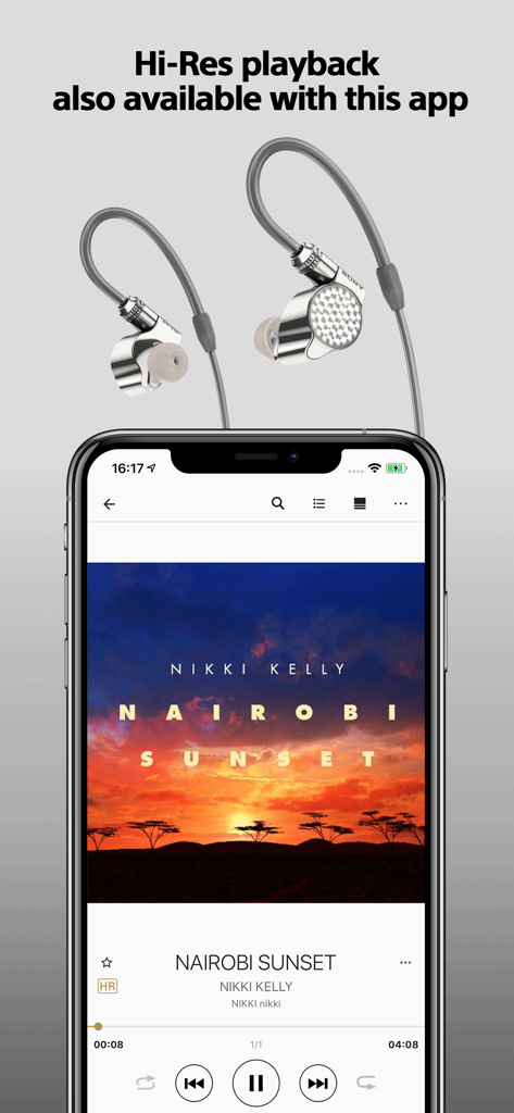 Interfaz de la aplicación Sony Music Center mostrando reproducción de audio de alta resolución en un smartphone