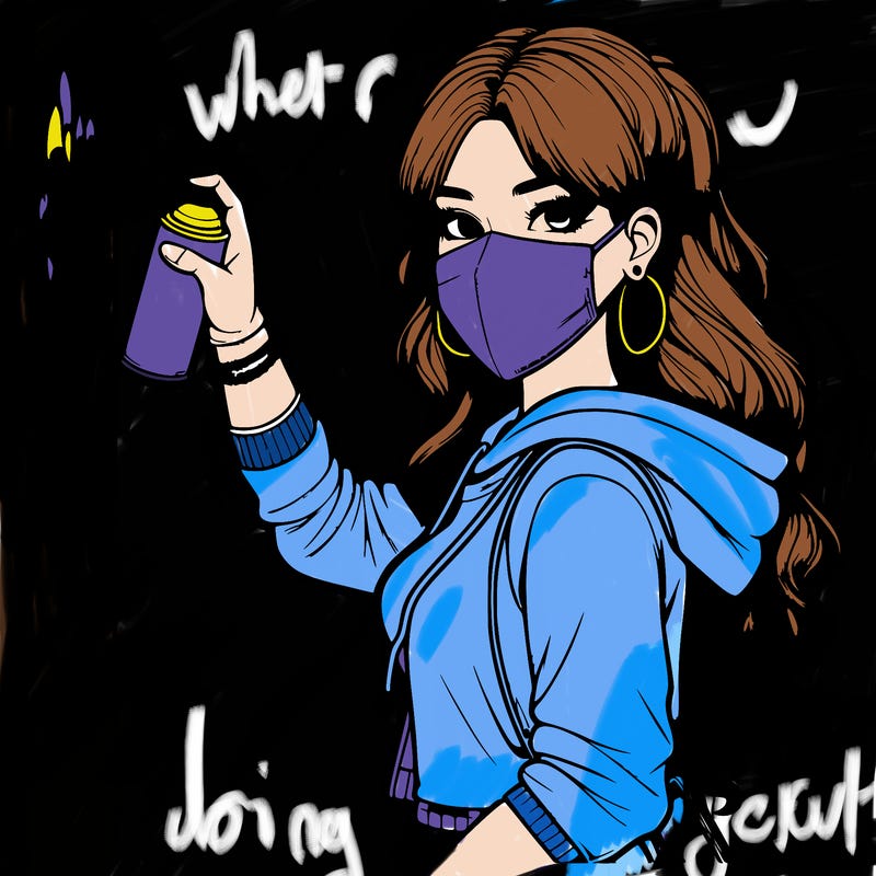 realistic girl with mask spray painting a wall