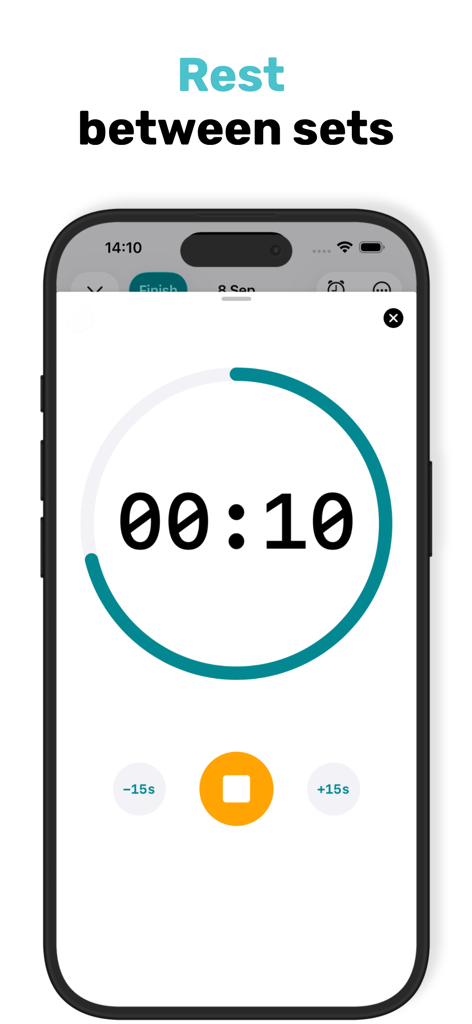 Interface of the RepCount gym workout tracker showing a rest timer countdown for breaks between sets.