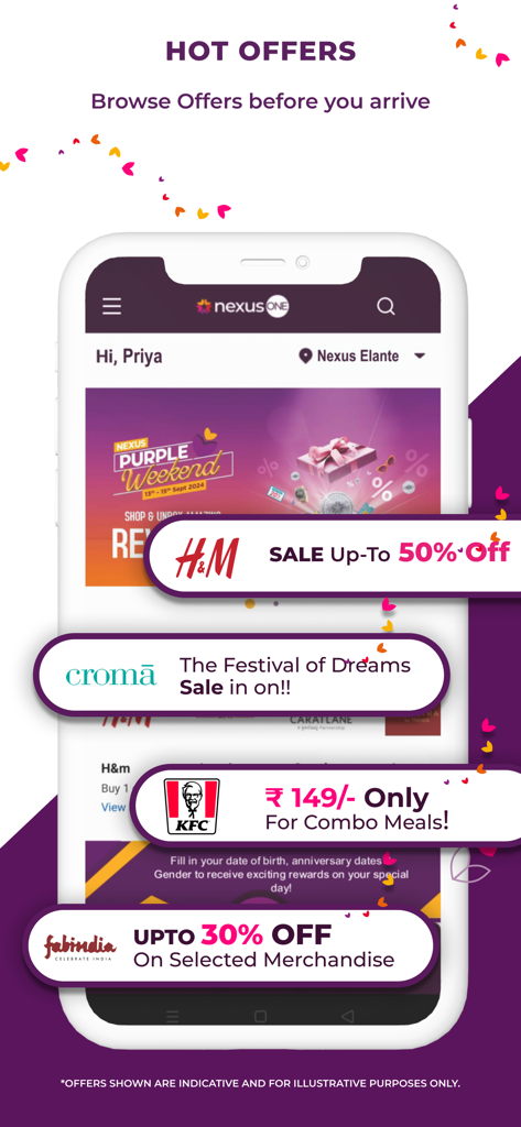 nexusONE - Mobile screen of nexusONE app displaying hot offers and discounts from major brands like HM and KFC