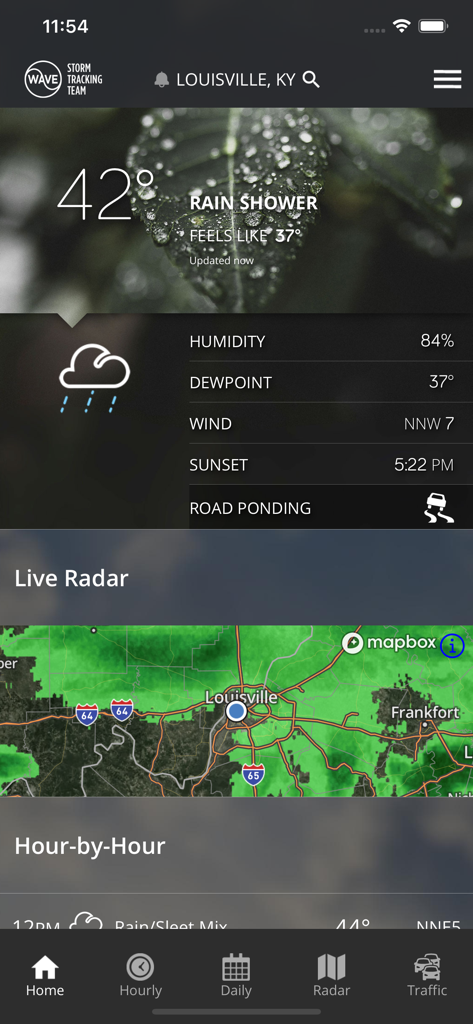 Interface of the WAVE 3 Louisville Weather app showing current rain conditions and a live radar map for the Kentucky region