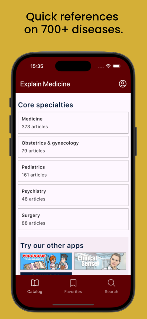 Explain Medicine - Explain Medicine app interface showing core medical specialties and article counts for each.